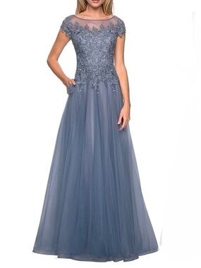 LA FEMME Tulle A Line Evening Gown Size 8 Smoky Blue Small Flaw